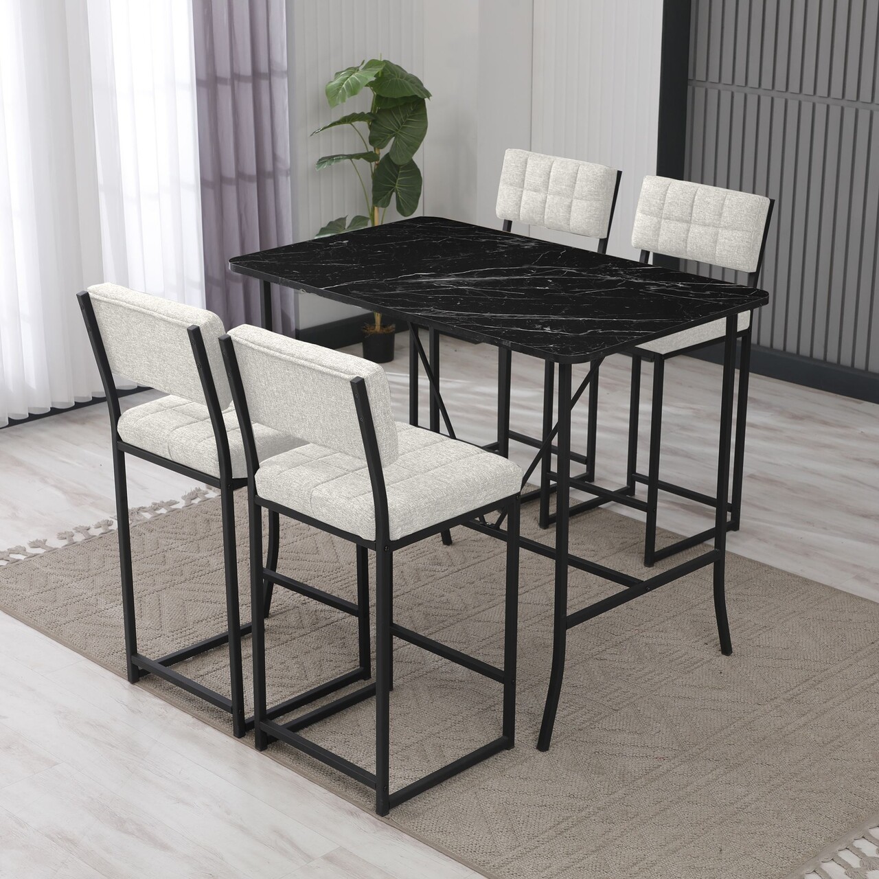 Set masa si 4 scaune de bar, Hanah Home, Retro, Crem/Negru - imagine 7